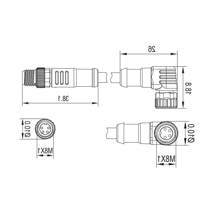 M8 4Pin, female 90° turn male straight, double end precast PVC non-flexible cable, grey sheathing, 63D163-XXX